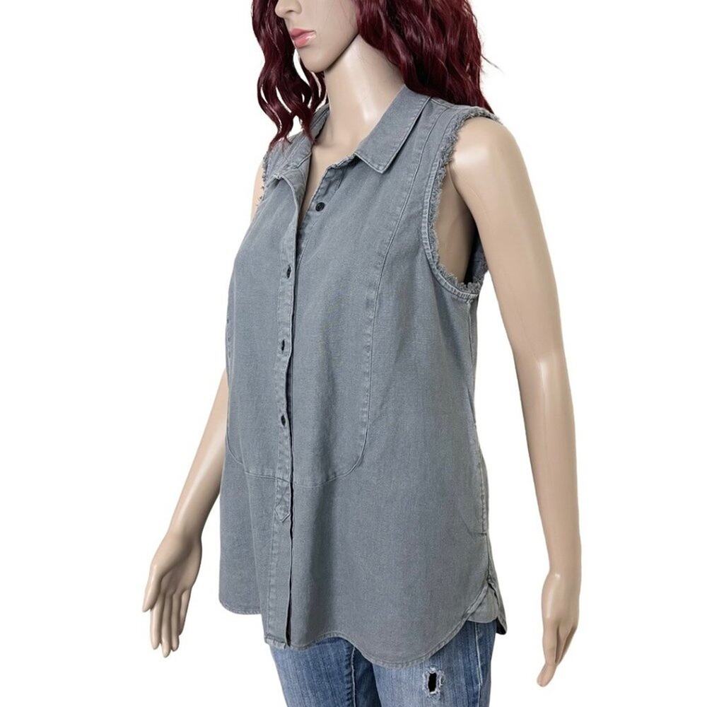Free People Linen Blend Sleeveless Button Down Top Small Gray